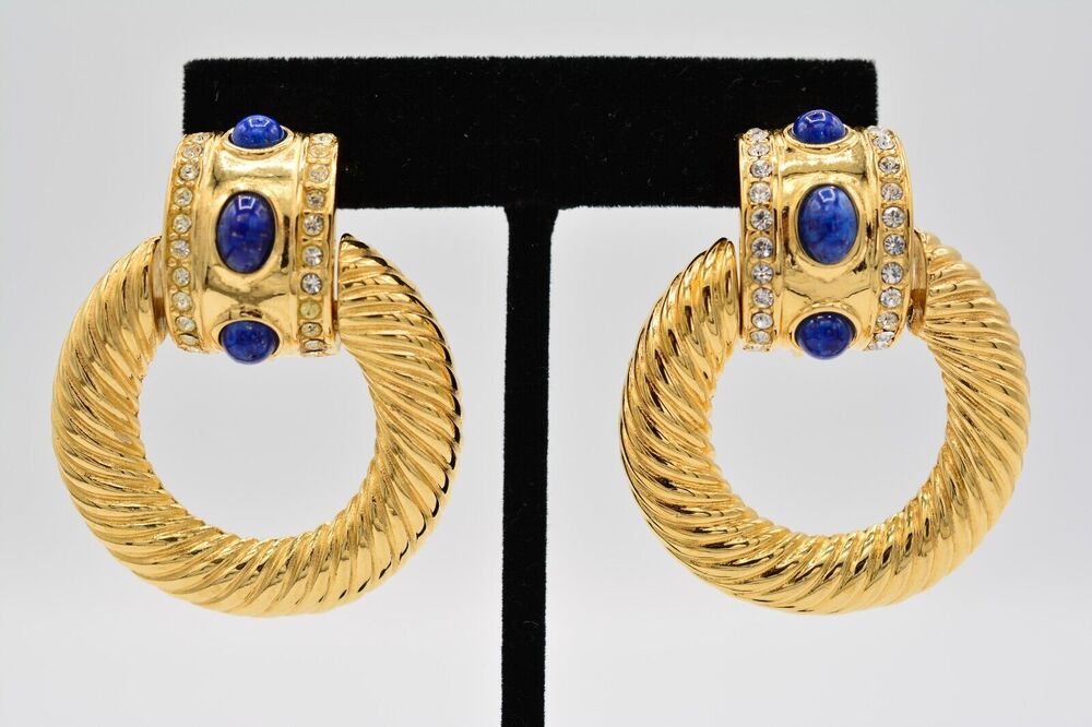 Givenchy Vintage Cabochon Clip On Earrings Lapis Gold Chunky Signed 1980s BinAF